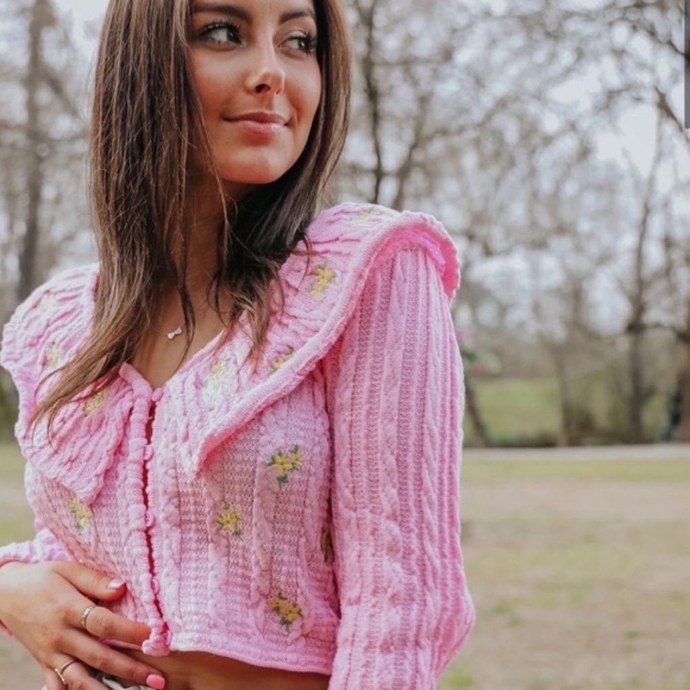 Zara Ruffled Floral Cable Knit Cardigan Pink